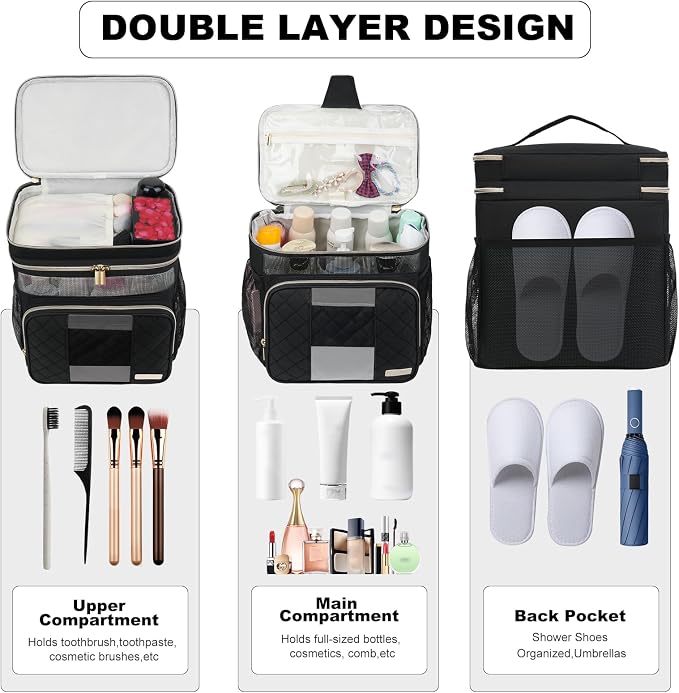 Large Toiletry Bag for Women Men, Portable Shower Caddy College Dorm Essentials, 2 Layers Quickly Dry Mesh Bathroom Tote Bag, Hanging Makeup Organizer Bag for Travel, Gym, Camping (Black)