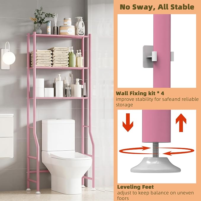 Livilord 3-Tier Over The Toilet Storage Rack, Space Saver Metal Bathroom Shelves, Freestanding Over Toilet Bathroom Organizer for Bathroom/Living Room (Pink)