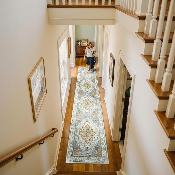RELEANY Area Rugs Runner 2'x10' Washable Non-Slip, Floral Vintage Distress Medallion Carpet for Kitchen Hallway Bedroom Beside Laundry Room Bathroom, Beige Carbon Grey Orange
