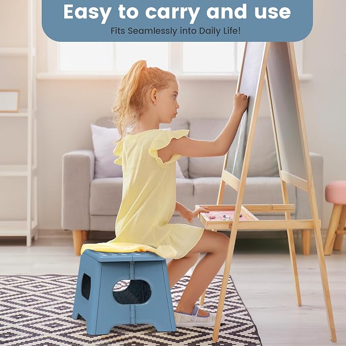 HBTower Folding Step Stool 9 Inch - Holds 600 lb, Non-Slip Surface & Carry Handle - Sturdy Step Stool for Kids, Toddlers & Adults - Compact Foldable Foot Stool for Kitchen, Bathroom, Bedroom(Blue)