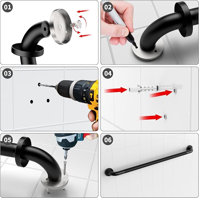 36 Inch Black Grab Bars for Shower with Anti-Slip Knurled Grip,YuanDe Stainless Steel Bathroom Grab Bars, Shower Handrail Support, Handicap Elderly Balance Assist Handles