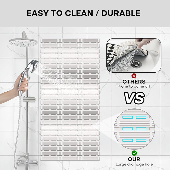 XIYUNTE Shower Mat Non Slip Bath Mat for Tub Non Slip Bathtub Mat - 36 x 16 inches Bath Tub Mat Anti Slip Shower Mats for Inside Shower with Powerful Suction Cups and Drain Holes, Cream White