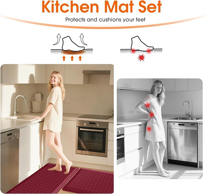 TranquilRelax 4/5 Inch Thick 2-Piece Anti-Fatigue Kitchen Mats, Cushioned Non-Slip Waterproof Sink & Stove Floor Mats, Comfortable Standing Rug Set for Kitchen, Laundry & Entryway, Red