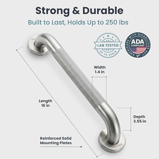 PELEGON Grab Bars for Shower 2-Pack 16 Inch - Stainless Steel Shower Grab Bars for Seniors - Bathroom Safety Handle Non-Slip Grip Rust Resistant Wall Mounted Support Bar for Bathtub Shower - Silver