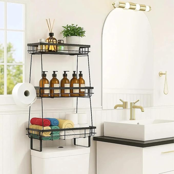 ShellKingdom Over The Toilet Storage Shelf, 3 Tier Toilet Paper Holder Stand Shelves, Punch-Free Bathroom Storage Rack with Hooks, Small Space Organizers for Bathroom, Home, Countertop, Black