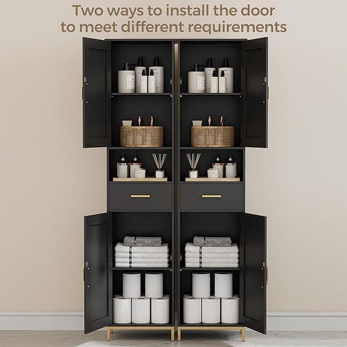 Homhedy 67" H Bathroom Storage Cabinet, Tall Storage Cabinet with Adjustable Shelves, Freestanding Cabinet with Doors and Drawer, Narrow Cabinet for Bathroom, Living Room, Kitchen, Dining Room, Black