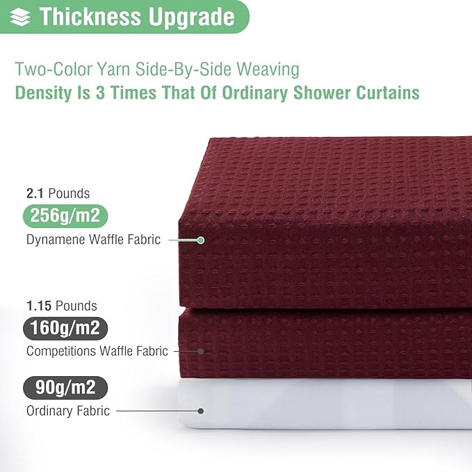 Dynamene Burgundy Fabric Shower Curtain - Waffle Weave Textured Heavy Duty Cloth Shower Curtains for Bathroom, 256GSM Hotel Luxury Weighted Bath Curtain Set with 12 Plastic Hooks,72x72, Burgundy