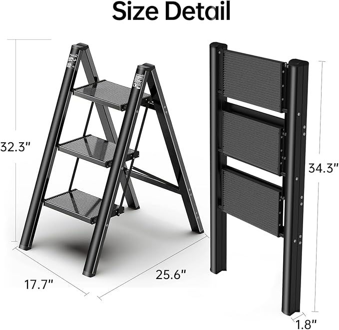 Foldable Step Ladder 3 Stepping Stool-Aluminium Kitchen Step Stools, Folding 330lbs Lightweight Ladders with Anti-Slip Wide Pedal, Portable Kids/Adults Ladder for Library, Closet, Black
