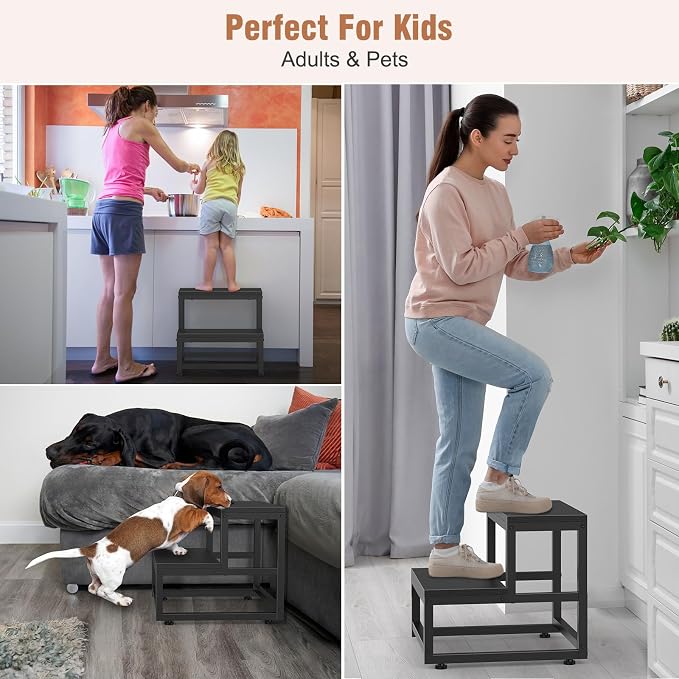 LIANTRAL 2 Step Stool for Adults Kids, Heavy Duty Sturdy Steel Frame with Wooden Steps, Bedside Foot Stool with 500lbs Load Capacity, Non-Slip Step Stool for High Bed, Kitchen, RV Step - Black