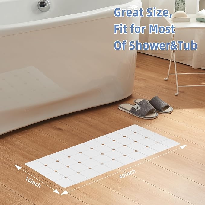 Bathtub Mat Non-Slip Silicone Soft Odorless Large Bath Mat No Suction Cups for Refinished,Reglazed and Textured Shower Mats Non Slip Extra Long Tub Mat (16x40inch White)