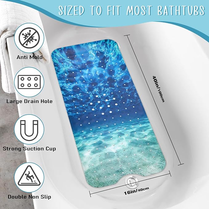 Seawater Bathtub Mat Non Slip, Ocean Waves Bath Tub Mat Baby Bath Mats for Bathroom Anti Slip Shower Mats for Inside Shower, Underwater Bathmat with Suction and Drain Holes Machine Washable, 40″x16″