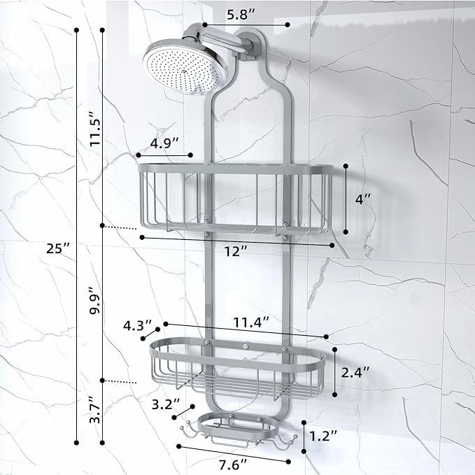 Bathroom Hanging Shower Organizer, Over Head Shower Caddy Shower Storage Rack Basket with Hooks for Razor and Sponge Rustproof, Silver [Patented]