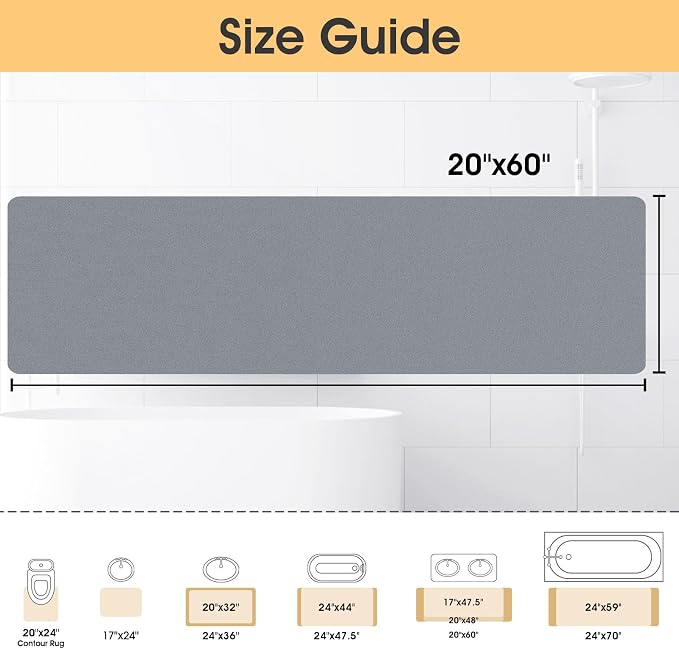 ACCUMTEK Non Slip Bath Mat, Thin Bathroom Rugs Fit Under Door, Quick Dry Bath Mats, Machine Washable Bath Rugs for Bathroom, Bathtub & Kitchen, Bathtub & Kitchen, Grey/Solid/59 x20