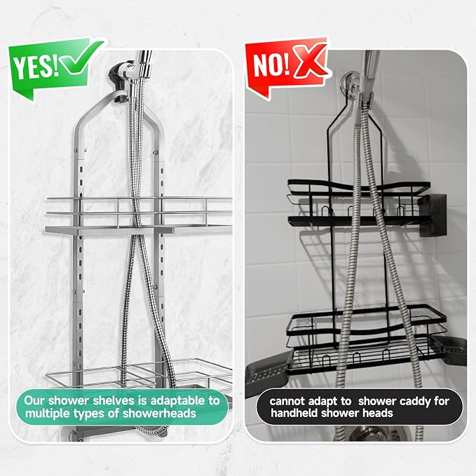 Shower Caddy Hanging for Handheld Showerheads Adjustable Hagging Shower Caddy, Stainless Steel Hose Hanging Shower Organizer 4 Levels Height Shower Rack (Sliver)