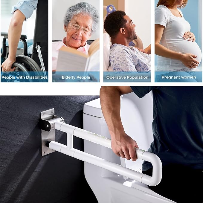 Flip Up Grab Bar for Toilet: Upgraded 23.6 Inch Handicap Grab Bars for Bathroom - Wall-Mount, Non-Slip Toilet Handles with Glows at Night, Suitable for Elderly Pregnant Women and Disabled