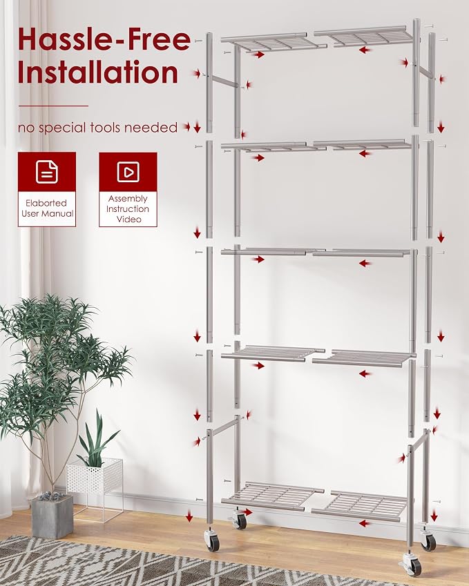 Sakugi Storage Shelves Organizer - 5 Tier Metal Shelf Organizer with Metal Wheels and Adjustable Leveling Feet, Heavy Duty Garage Shelving for Kitchen, Pantry and Closet, 33.1"x12.6"x73.5", Sliver