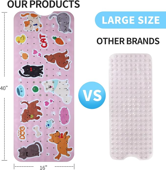 Baby Bath Mat for Tub Non Slip Kids Bathtub Mat Extra Long 40X16 Inch Toddler Bath Tub Shower Mat Anti Slip with Suction Cups & Drain Holes, Machine Washable (Cat Dog)