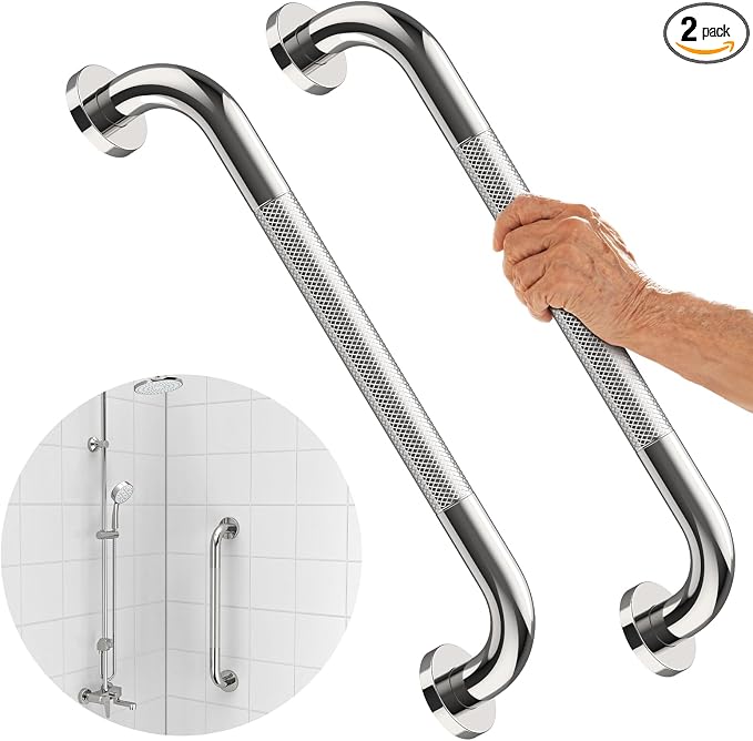 Anti-Slip Chrome Grab Bar 16 Inch, iMomwee 2 Pack Stainless Steel Bathroom Grab Bar w/Knurled Grip, Safety Shower Grab Bar for Wall, Toilet Balanced Support Bar Bathtub Assist Handle for Elderly