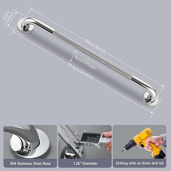 36 Inch Shower Grab Bar 1.25" Dia, 2 Pack Chrome Anti Slip Bathroom Grab Bar, 304 Stainless Steel Knurled Handicap Grab Bars, Safety Support Handrail,Bath Shower Handle for Elderly Injury Senior