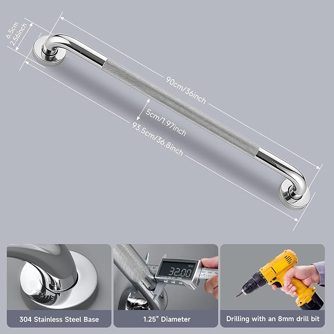 36 Inch Shower Grab Bar 1.25" Dia, Chrome Anti Slip Bathroom Grab Bar, 304 Stainless Steel Knurled Handicap Grab Bars, Safety Support Handrail, Assist Bath Shower Handle for Elderly Injury Senior