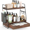 2-Tier Bathroom Counter Organizer with Drawer and Removable Basket, Wood Vanity Countertop Storage for Perfume, Makeup, Skincare, Bathroom Counter Shelf, 13" x 7.9" x 14.5", Dark Brown