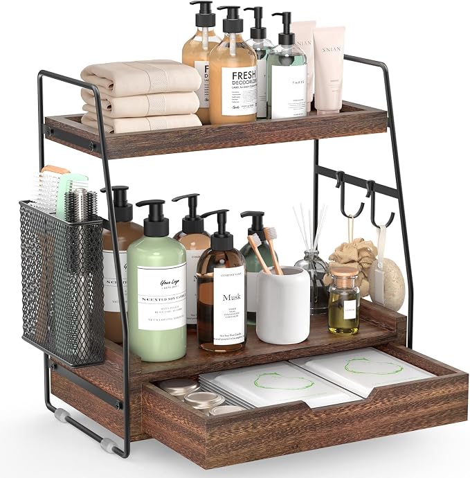 2-Tier Bathroom Counter Organizer with Drawer and Removable Basket, Wood Vanity Countertop Storage for Perfume, Makeup, Skincare, Bathroom Counter Shelf, 13" x 7.9" x 14.5", Dark Brown