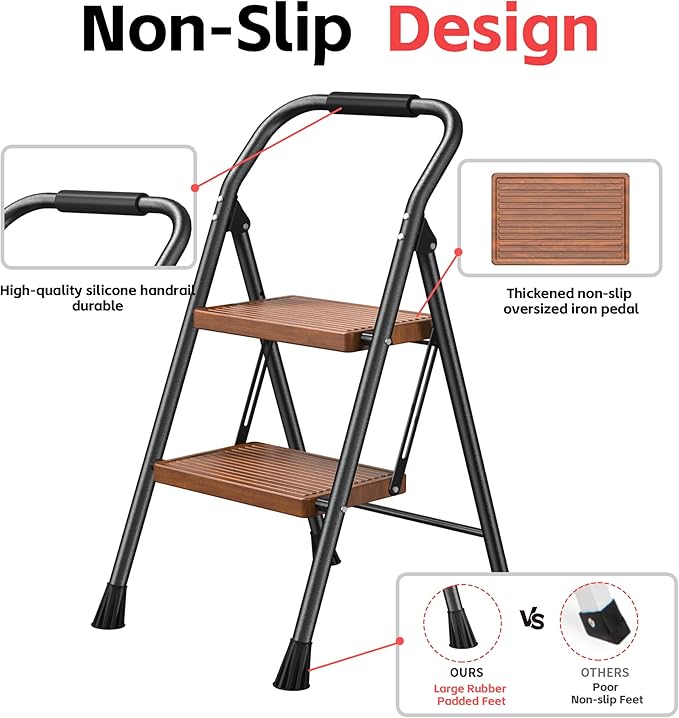 Step Ladder Foldable Folding Stool - for Home Adults Kitchen 2 Stepping Extension Tall Heavy Duty with Handrails - Closet Stepstool Stair Ladders Extendable Stepladder for Indoor House 600Lbs