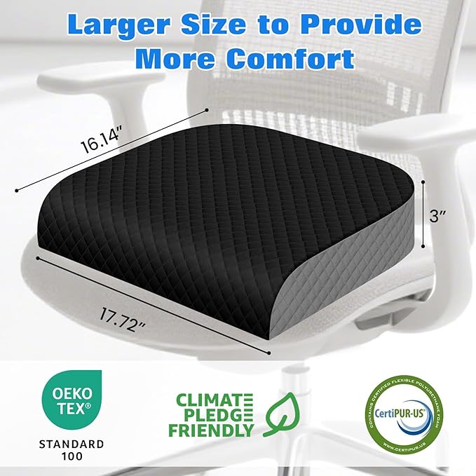 Seat Cushion, Memory Foam Chair Pad for Sciatica & Hip Pain Relief, Non-Slip Cushion for Office, Home, Car, Large Desk Chair Cushion, Washable Cover & Handle, Large, Black
