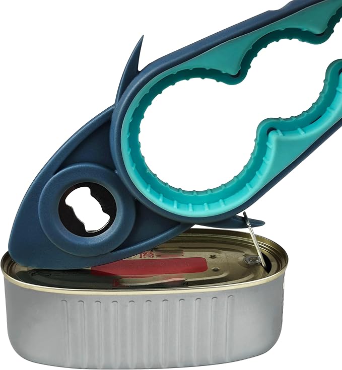 Jar Opener Bottle Opener for Arthritis, 5-in-1 Multifunctional Jar Opener, Easy to Use for Seniors and Weak Hands, Shark Shape Kitchen Gadget for jar, Beer and Bottle (Grey and Blue)