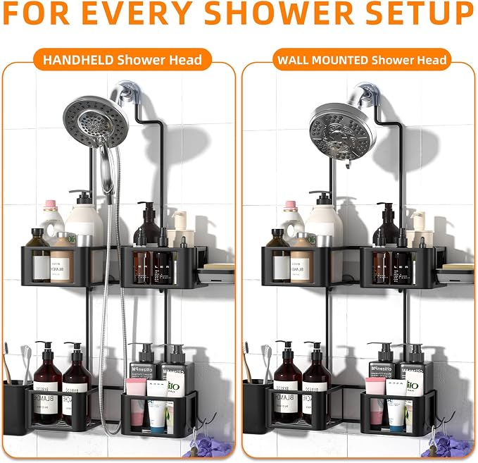Epicano Shower Caddy for Handheld Showerheads,Black,Stainless Steel | Removable Hooks,Soap Holder & Toothbrush Holder, Rustproof, Anti-Swing, Holds Razor, Sponge, Soap, Toothbrush