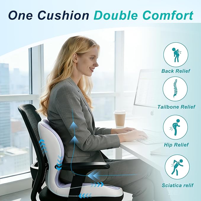 Seat Cushion for Office Chair and Car, Lumbar Support Pillow for Office Chair, Memory Foam Ergonomic Seat Cushion for Long Sitting, Back & Tailbone Pain, Sciatica - Purple & Gray