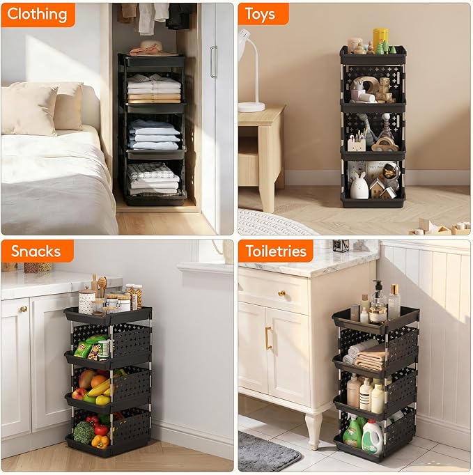 Lifewit Plastic Stackable Storage Baskets, 4 Tier Stacking Bins for Food and Clothes, Multifunctional Organizer for RV, Kitchen, Playroom, Pantry, Black, 35 x 30 x 72 cm/14 x 12 x 28 inch, 1 Pack