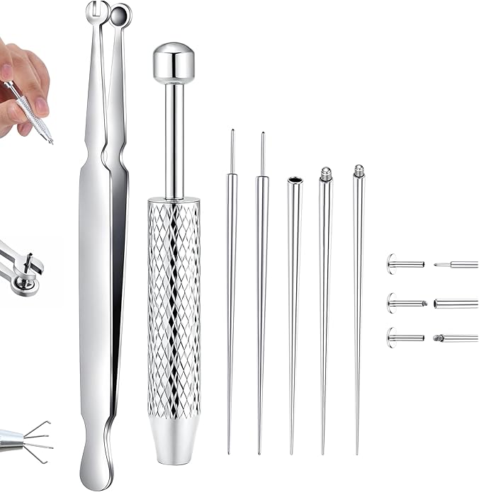 GEMQUEEN Piercing Taper Ball Grabber Tool for Changing Jewelry - 14G 16G 18G 20G Stainless Steel Flat Back Earrings Applicator Tool Threadless Insertion Pin Thread Body Piercing Kit for Ear Nose Lip