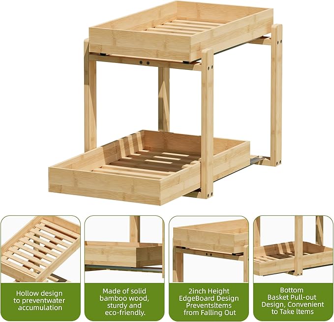 APRTAT 2 Pack Under Sink Organizer, Bamboo Wooden 2-Tier Pull-Out Storage with Sliding Drawers for Kitchen and Bathroom Cabinets, Easy Installation (Natural, 2 Packs)
