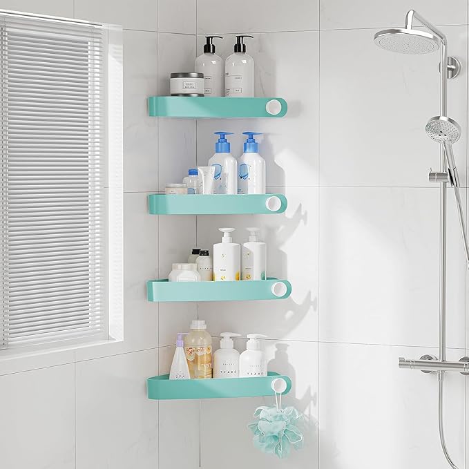 Sotfamily Plastic Shower Caddy Corner (for 90° Only), 4 Pack Adhesive Corner Shower Shelves for Bathroom Organizers and Storage, Turquoise