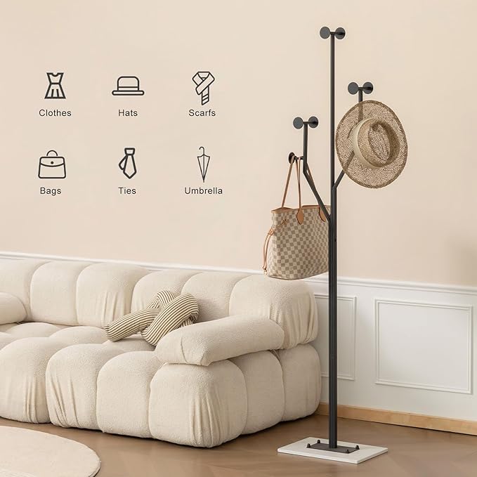JIAYUEJU Heavy Duty Coat Rack Tree-shaped Metal Freestanding Coat Tree with Sturdy Marble Base Corner Coat Rack for Bedroom Entryway Hallway 14.96 x 10.24 x 68.9 Inches (Black)