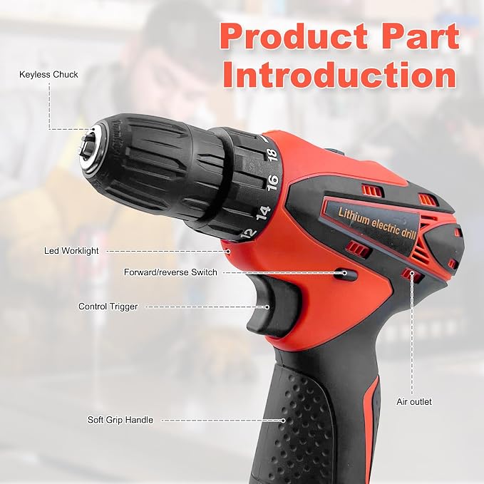 33 Picce Orange Tool Kit with 12V Cordless Drill, Tool Box with Drill, Hand Drill Set for Men Women, Home Tool Kits for House Repair, Handyman, DIY