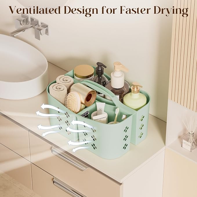 PQH Portable Shower Caddy with Handle, Large Capacity Shower Basket Organizer, Quick-Drain Bathroom Storage Tote, Durable Plastic Shower Organizer for College Dorm, Beach, Gym Essentials, MintGreen