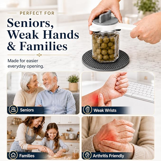 Jar Opener for Seniors with Arthritis, Easy Grip Adjustable Lid & Bottle Opener Set with Non-Slip Silicone Pad & Stainless Steel Hook, Grey