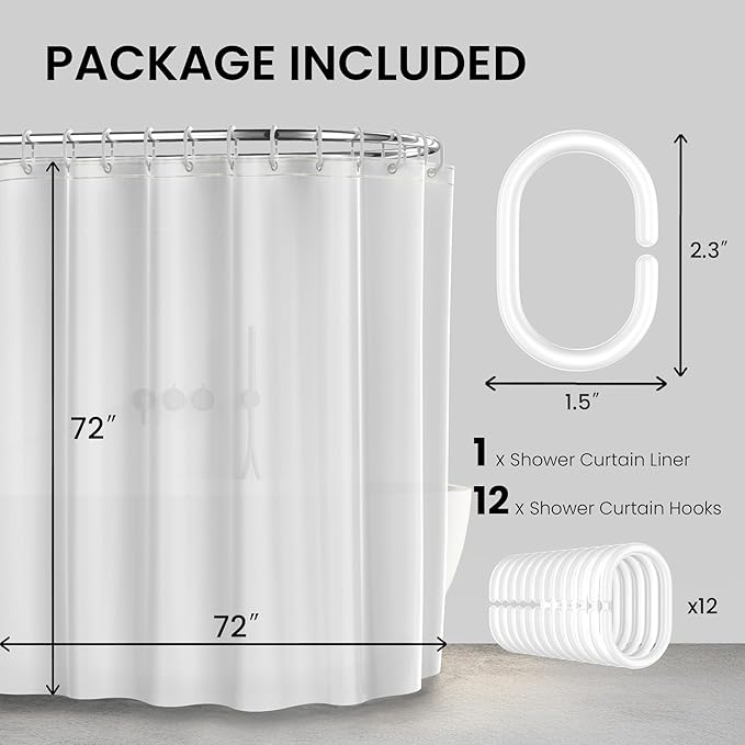 LiBa Bathroom Shower Curtain with 12 Shower Rings- Waterproof Plastic Shower Curtain Premium PEVA Non-Toxic with Rust Proof Grommets Frosted 10G Heavy Duty Bathroom Accessories 72x72 (Pack of 2)
