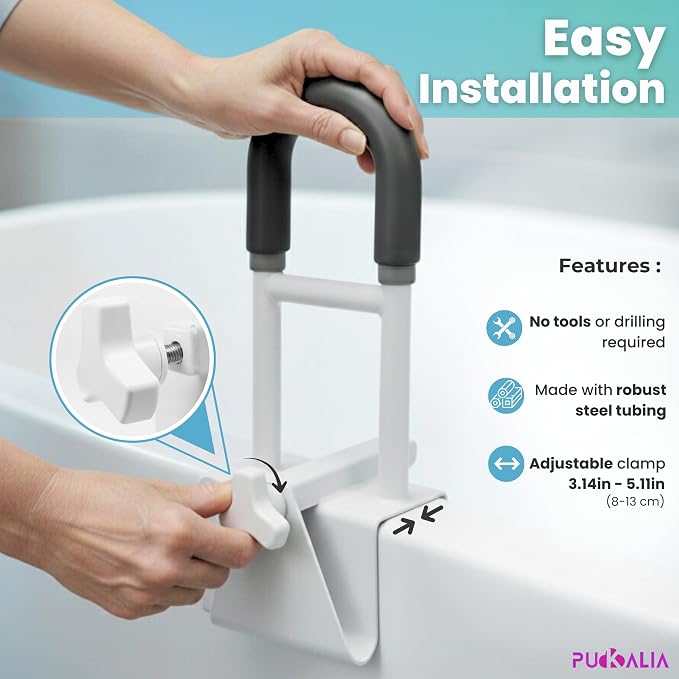 Bathtub Grab Bar Safety Rail for Seniors and Elderly with 300lbs Heavy Duty Iron Support Plus Tool Free Clamp on Shower Handle and Non Slip Bathroom Assist Bar for Side of Tub in White