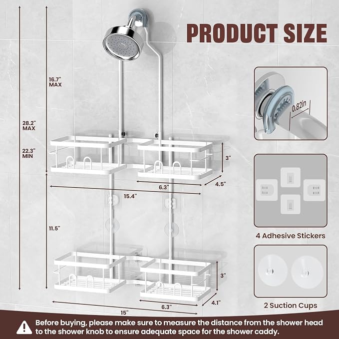 REINHARDT Adjustable Shower Caddy Hanging Rustproof Shower Caddy for Handheld Showerheads, Shower Organizer with Hooks Soap Holder Toothbrush Holder, Anti-Swing Shower Rack Bathroom Accessories, White