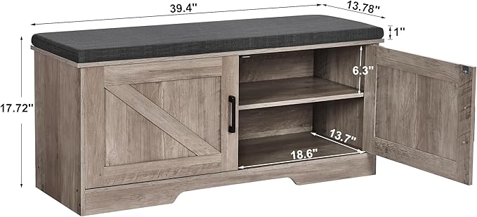 HOMSHO 2-Tier Storage Bench, 39.4" Wide Shoe Bench with Padded Seat Cushion, Entryway Bench with 2 Barn Doors and Adjustable Shelf, Greige