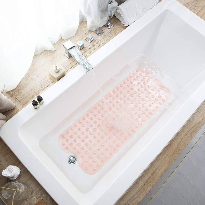 TEESHLY Bathtub Mats for Shower Tub, Extra Long Non-Slip 39 x 16 Inch Bath Mat with Drain Holes and Suction Cups, BathMat for Bathroom with Machine Washable (Clear Coral Pink)