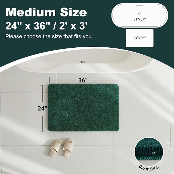 TYUU Bathroom Rugs Non Slip Washable, Ultra Soft Super Absorbent Quick Dry Small Bath Mat with Rubber Backing for Bathroom Floor, Shower, or Sink, Dark Green 24" x 36"
