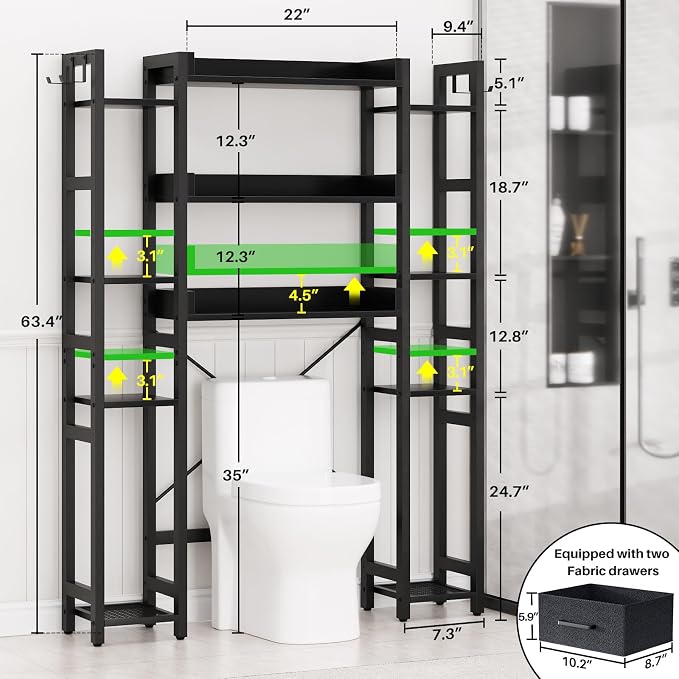 Besiost Over The Toilet Storage, 11 Tier Bathroom Organizer with Dual Side Racks and 2 Fabric Drawers, Adjustable Freestanding Rack Space Saver for Small Spaces, Black