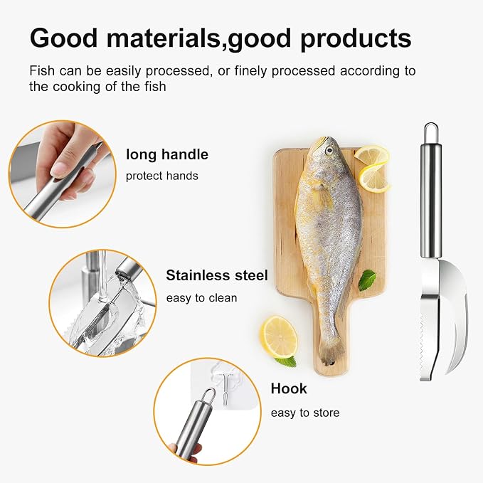 Fish Scales Scraping Tool,Multifunction Stainless Steel Fish Scale Knife Fish Cleaning Kit,3 In 1 Fish Maw Knife,Household Kitchen Fish Scale Tool (1 Pcs) Comes with hooks