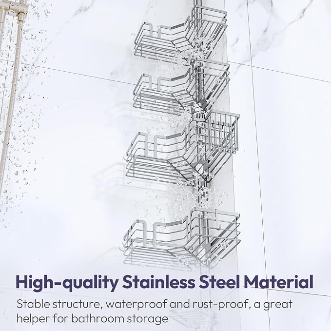 SWTYMIKI Shower Caddy Tension Pole - 4-Tier Corner Shower Organizer Tension Rod with Soap Holder, Toothbrush Holder & 4 Hooks, Adjustable Stainless Steel Bathroom Organizer 27.6 to 108.3 inch, Silver