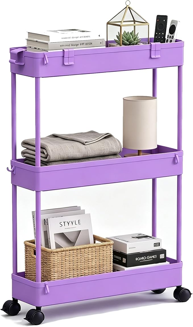 SPACELEAD Slim Storage Cart 3 Tier,Bathroom Organizer Rolling Utility,Mobile Shelving Unit Slide Out for Office, Kitchen, Laundry Room & Narrow Places,Purple
