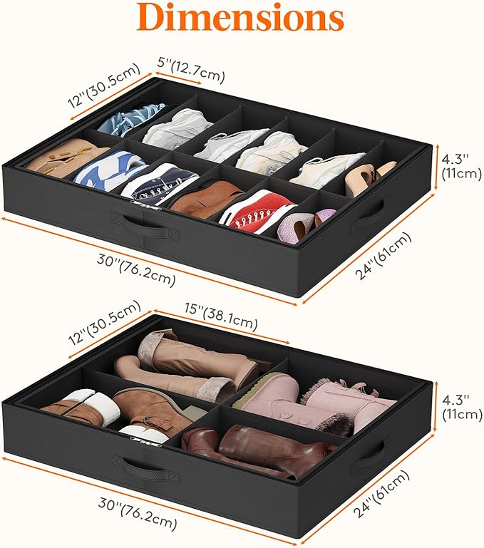 Lifewit Under Bed Shoe Storage Organizer 1 Pack(12 Shoes Cells+4 Boots Cells), 4.3 Inches Profile Fabric Shoes Container Box with Clear Cover, Foldable Storage Bag with 2 Handles, Fits 10 to 16 Pairs